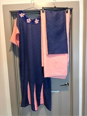 African Boubou Dress Purple and Peach with waist and headwrap